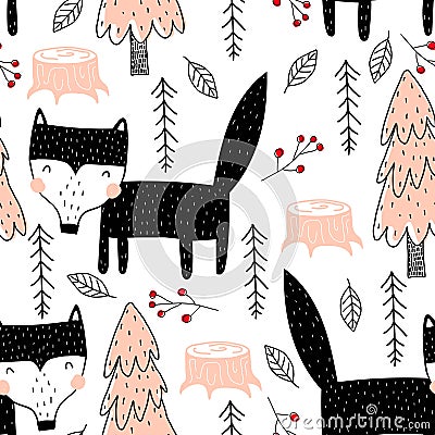 Seamless pattern with cartoon wolves, trees, decor elements. Forest, vector flat Scandinavian style. animal and nature theme. han Vector Illustration